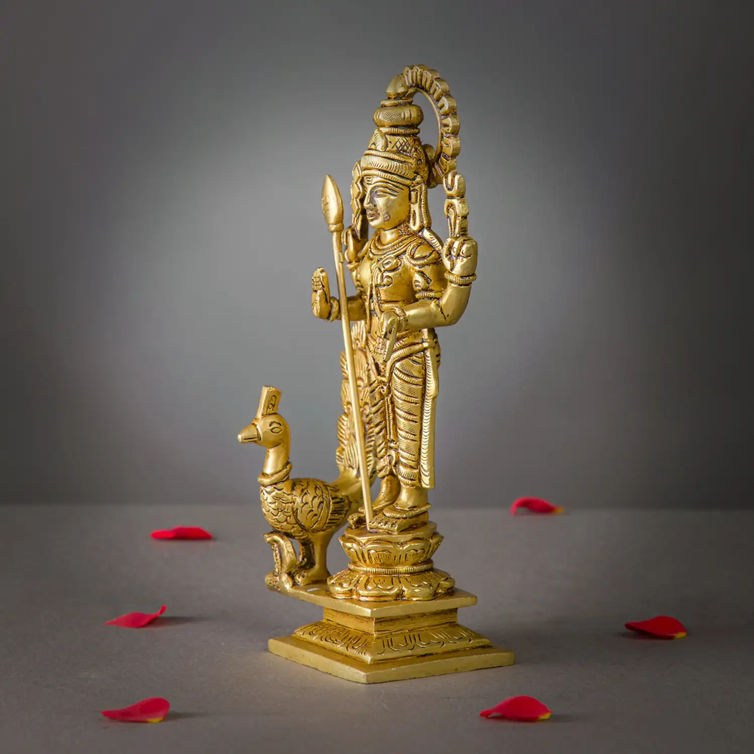 8 inches brass standing Murugan with side Peacock idol - image 2