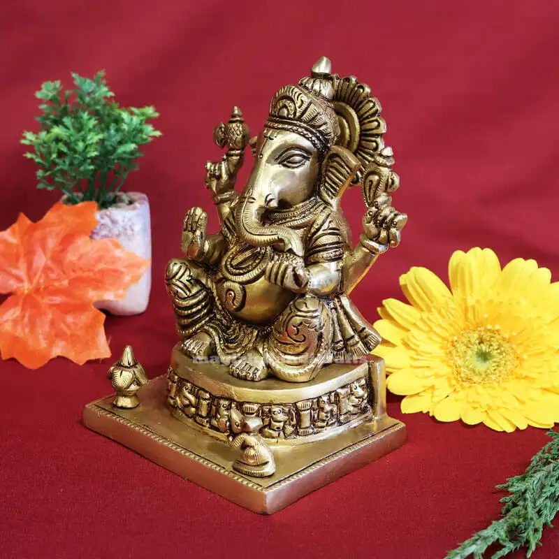 6 inches Brass Sitting Ganesha Idol Rec Base SC - image 2