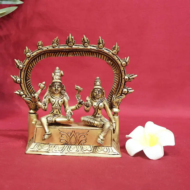 6 inches brass Sitting Lord Shiva and Parvathi with Thiruvachi and Peetam - image 1