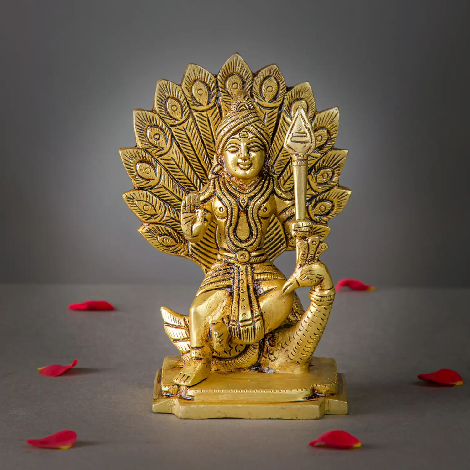 6 inches Sitting Brass Murugan with vel and Peacock idol - image 1