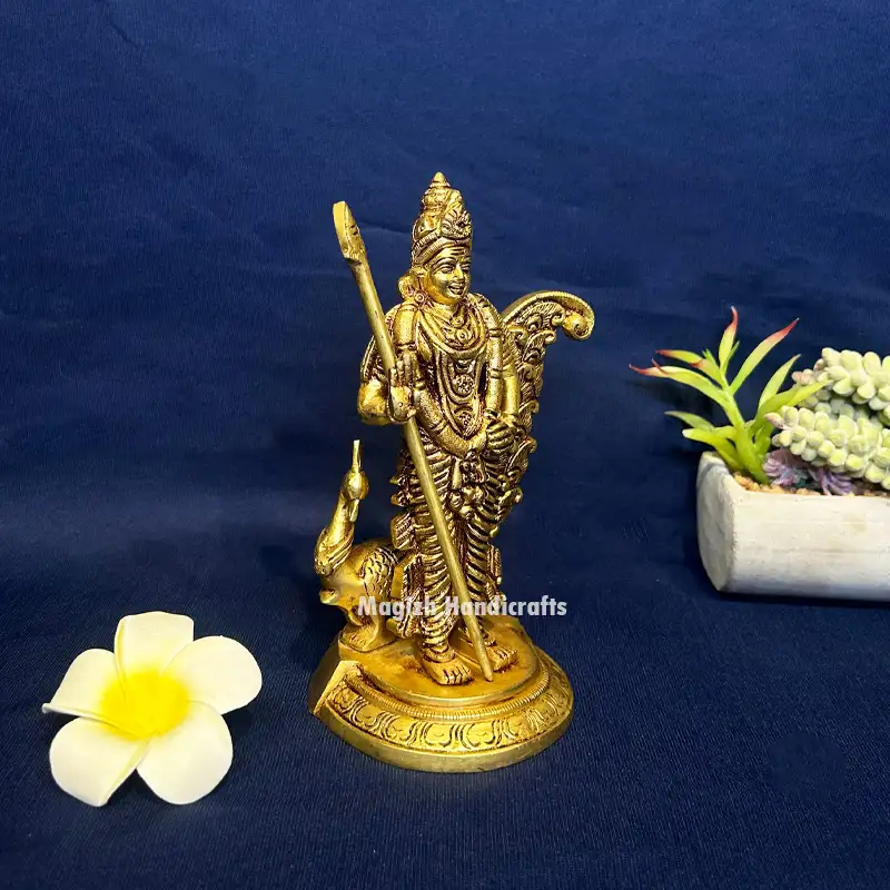 Brass Murugan with Vel and Peacock idol - 7 inches - image 2