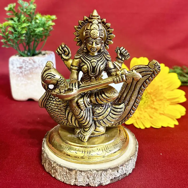 Brass Peacock Saraswathi idol-4.5 inches - image 1