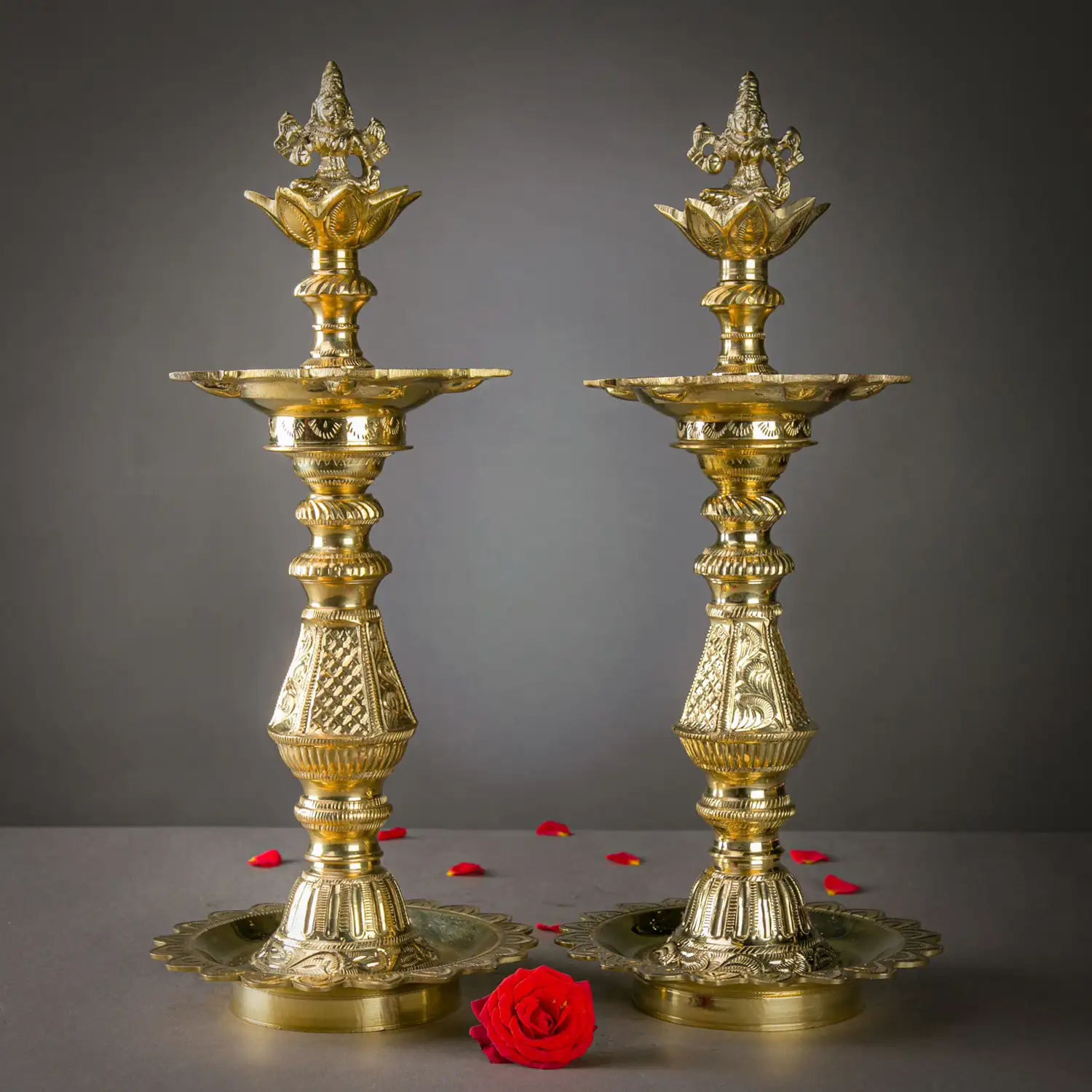 15 inches brass Lakshmi pattai Nachiyarkovil kuthu vilakku - image 1