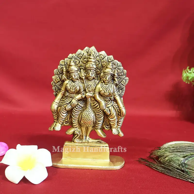 Brass Sitting Murugan Valli Deivanai idol with peacock - image 1