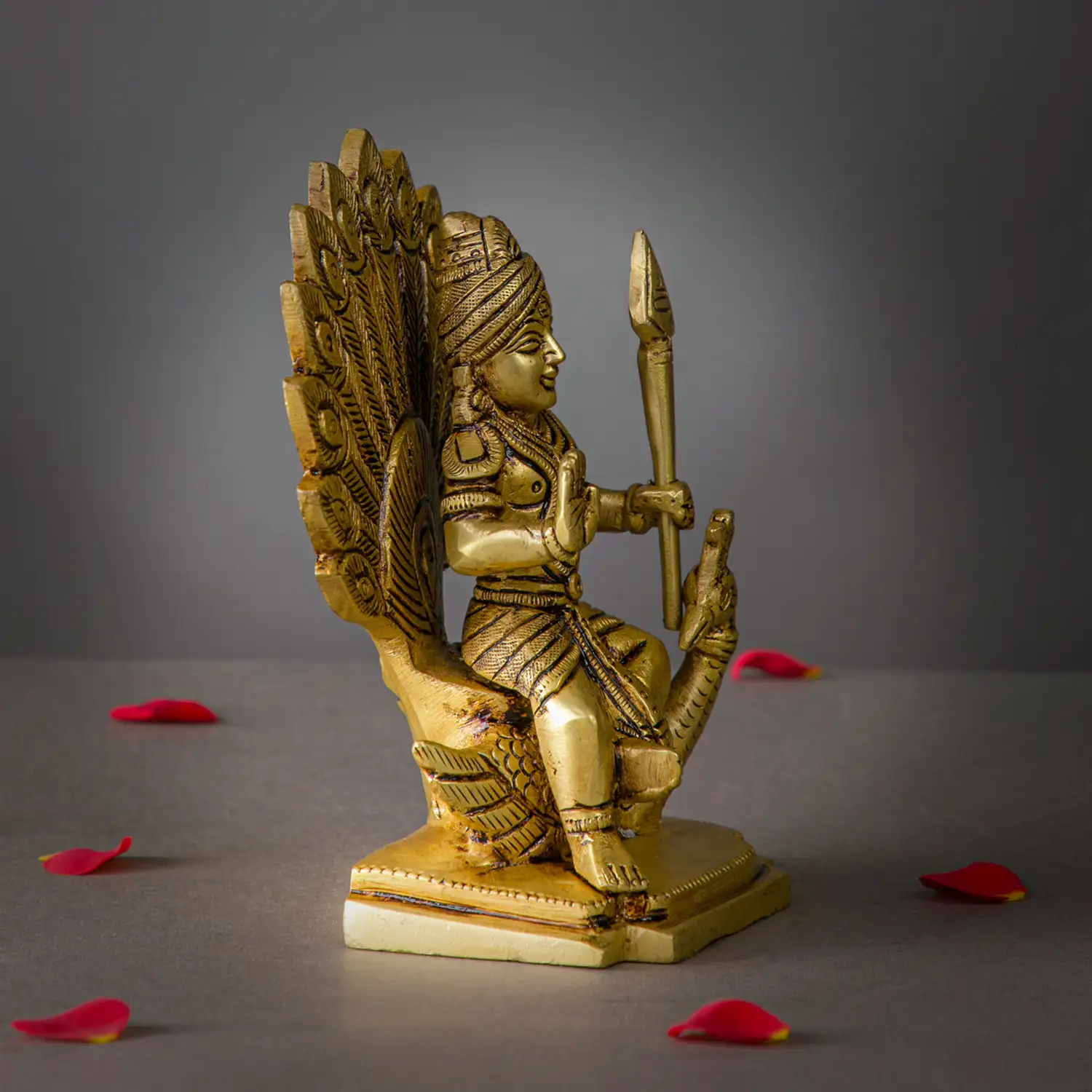 6 inches Sitting Brass Murugan with vel and Peacock idol - image 2