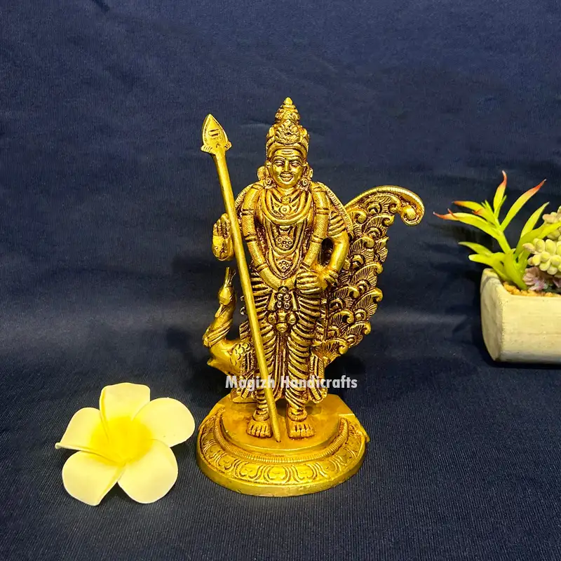 Brass Murugan with Vel and Peacock idol - 7 inches - image 1