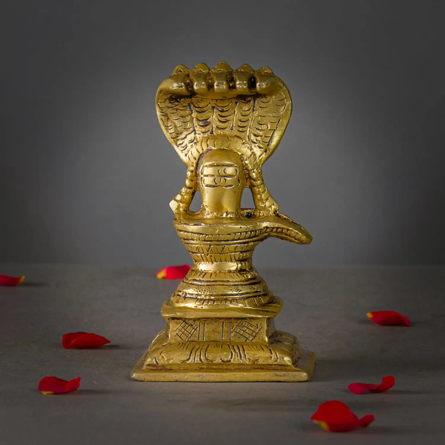 4.5 inches brass Shiva Langam with 5 head snake with mala idol - image 1