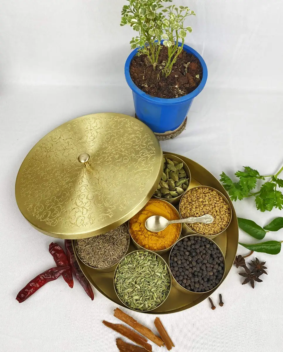 Brass unique engraved masala spices box dabba with brass spoon 7 containers - image 1