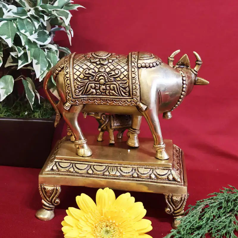 8.5 inches Brass Cow and calf / Komatha Idol with peedam SC - image 1
