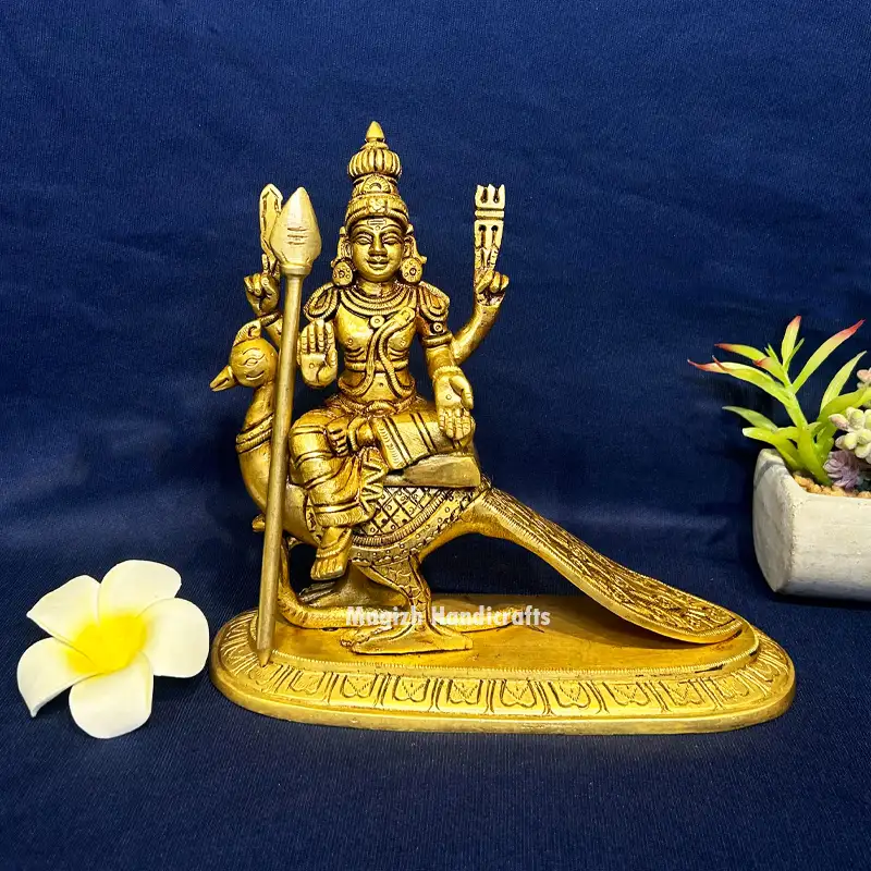 Brass Sitting Murugan on Peacock idol - 7.5 inches - image 1