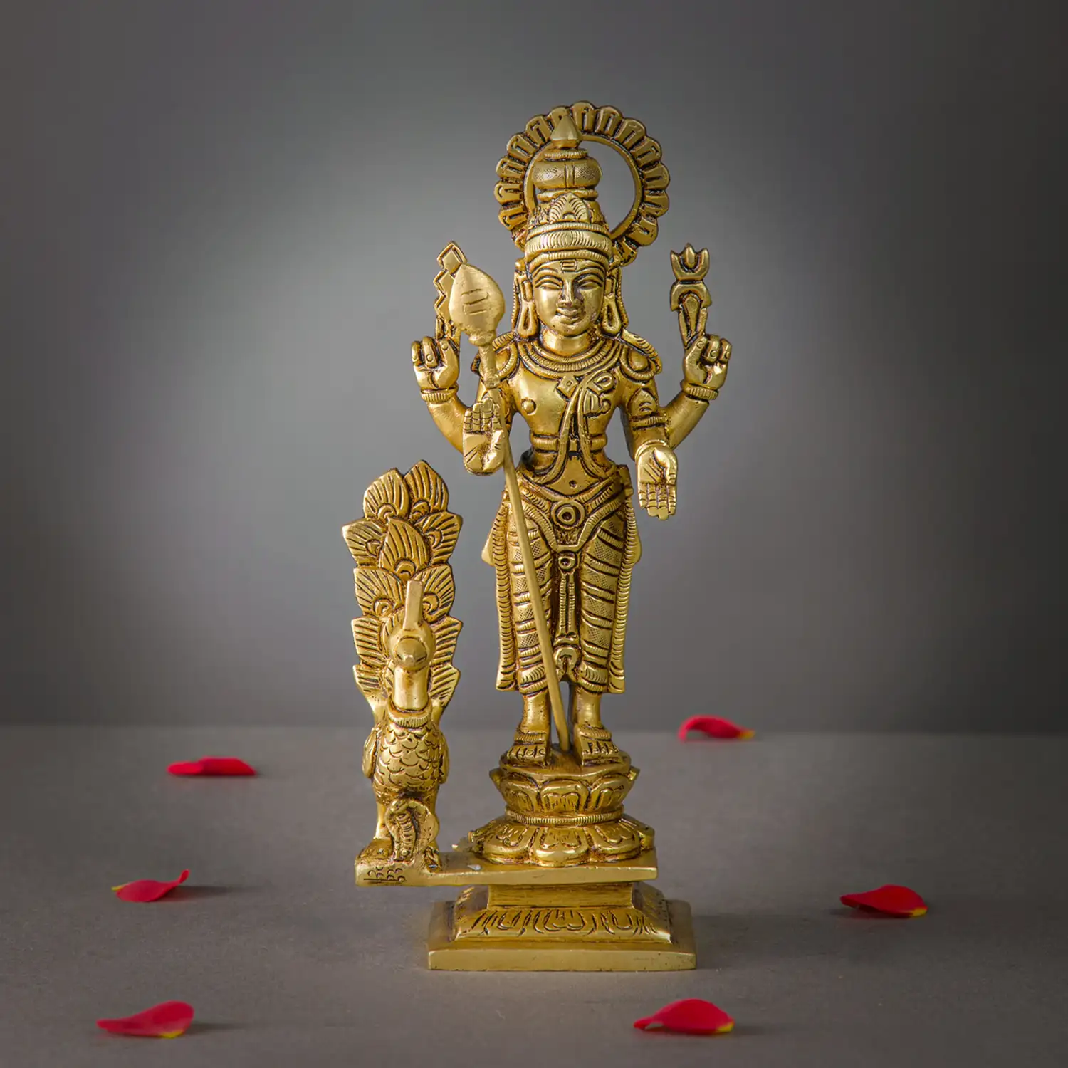 8 inches brass standing Murugan with side Peacock idol - image 1