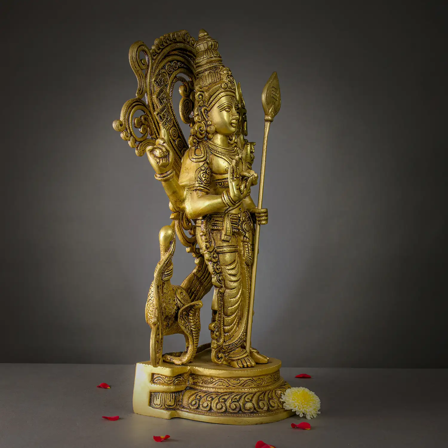 21 inches Brass Standing Murugan Vel and Mayil behind idol - image 2