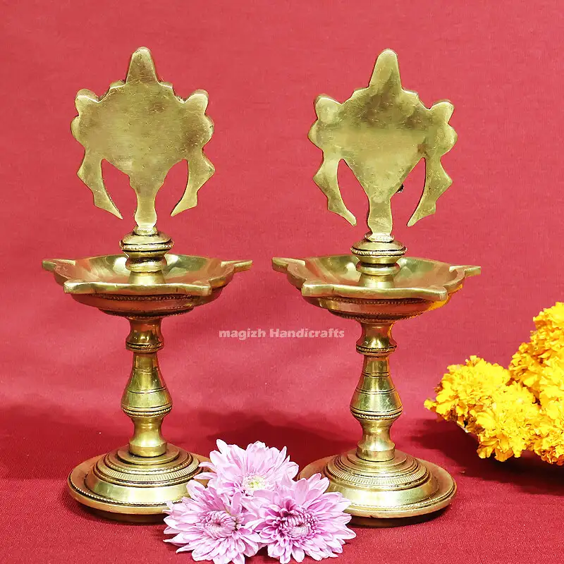 Brass Sangu Chakram Vilakku with stand 9 inches - image 1